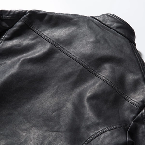 Men's casual black PU leather jacket with a stand collar and detailed back stitching