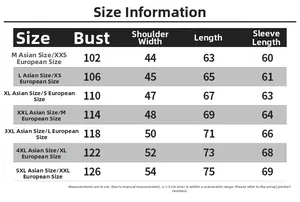 Detailed size chart for men's PU leather jacket showing Asian and European sizing table