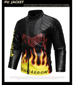 Detail of men's faux leather biker jacket featuring vibrant red and yellow flame prints