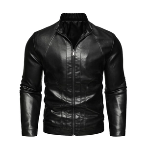 Detail of premium black PU leather jacket featuring a stand collar and metallic zipper