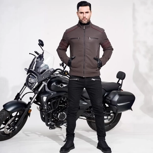 Men's dark brown PU leather motorcycle jacket with red stripes and stand collar
