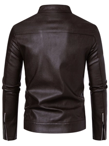 Detail showing the back of a dark brown faux leather jacket with stand-up collar and zippers