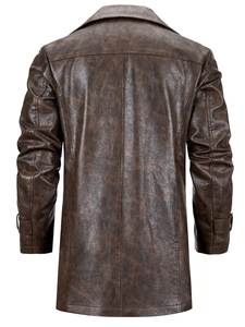 Back view of men's dark brown PU leather jacket with vintage texture and stitched seams