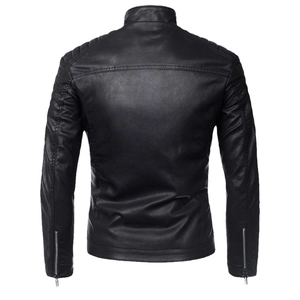 Men's casual black PU leather biker jacket with stand collar and quilted shoulders back view