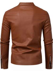 Rear view of brown PU leather jacket with stand collar and zipper detail on sleeves