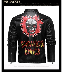 Detail of men's black PU leather motorcycle jacket featuring skull and flame back print