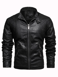 Classic men's black PU leather motorcycle jacket with stand collar and quilted shoulders