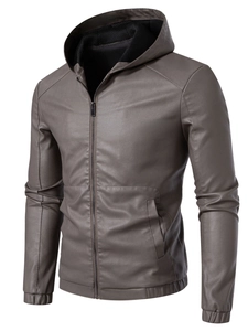 Men's faux leather hooded motorcycle jacket in dark brown with textured PU finish