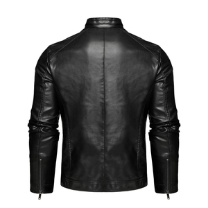 Rear view detail of men's black faux leather jacket showing stand collar and stitching