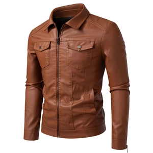 Detail of the brown PU leather motorcycle jacket showing high-quality texture and stitching