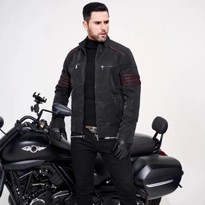 Men's black faux leather biker jacket with red racing stripes and metallic zippers
