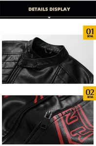 Detail of black PU leather jacket featuring stand collar and bold red graphic print