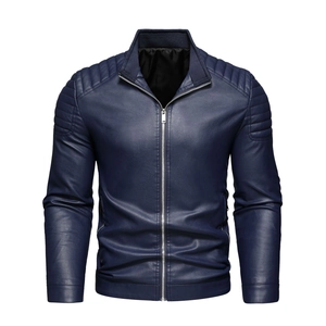 Detail of navy blue PU leather jacket showing ribbed shoulder texture and stand collar