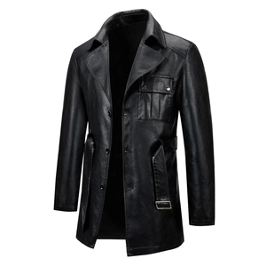 Detailed view of black PU leather trench coat with flap pocket and classic lapel collar