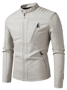 Detail of grey PU leather biker jacket with stand collar and quilted shoulder stitching
