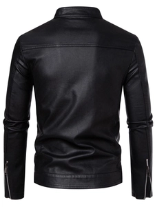 Rear view of black men's PU biker jacket showing leather texture and stitching details