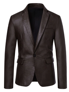 Close-up detail of dark brown PU leather blazer featuring classic lapels and fine stitching