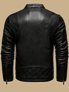 Back view of men's black stand-collar leather jacket with diamond quilted patterns