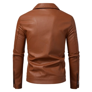 Back view of a men's slim fit brown PU leather motorcycle jacket with zipper sleeve detail