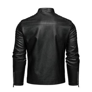 Detail view of the black PU leather motorcycle jacket back with shoulder pleats and zippers
