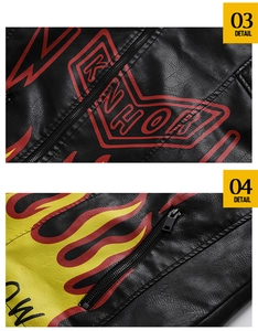 Detail view of black PU leather jacket featuring dynamic red and yellow prints and metal zipper