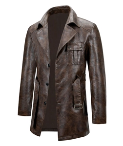 Detailed view of single-breasted brown PU leather trench coat with vintage texture