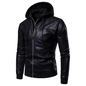 Detail view of black faux leather motorcycle jacket with detachable hood and ribbed cuffs