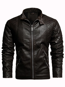 Men's dark brown faux leather motorcycle jacket with stand collar and quilted detailing