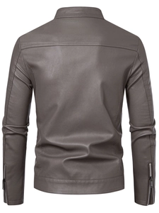 Detail of the stand collar and zippered cuffs on this men's PU leather motorcycle jacket