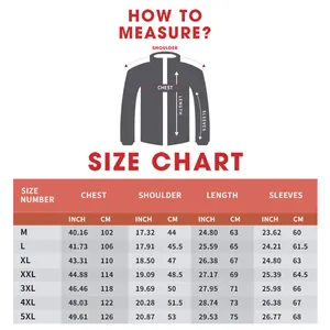 Size chart for men's PU leather jacket with measurements in inches and centimeters