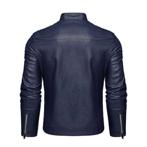 Detail view of navy blue PU leather jacket showing classic stand collar and back stitching