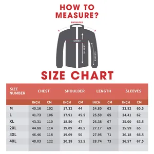 Detailed size chart for men's PU leather jacket including chest and shoulder measurements