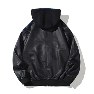 Back view of a black PU motorcycle jacket featuring a detachable hood and ribbed hem