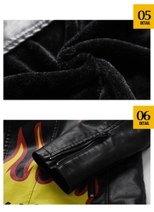 Detail of black PU jacket featuring fleece lining and zipper cuffs with flame prints