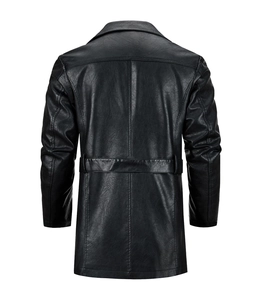 Detailed back view of men's PU leather trench coat showing texture and waist strap