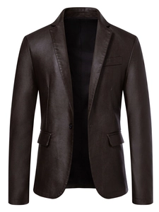 Detailed view of dark brown PU leather blazer featuring classic notch lapels and pocket details
