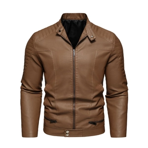 Detail of brown faux leather biker jacket with stand collar and pleated texture on sleeves