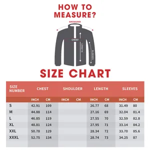 Size guide table for men's PU leather jacket showing S to XXXL measurements in inches and cm