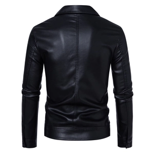 Rear view of men's black PU leather jacket with central back seam and vertical stitching