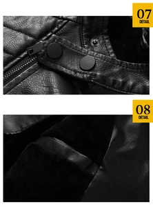 Detail of vintage black PU leather jacket with faux fur lining and metal snap collar