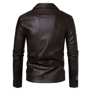 Rear view of brown PU leather motorcycle jacket showing fine texture and slim cut design