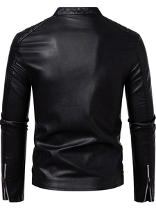 Back view of men's black PU leather jacket with quilted shoulders and zipper cuffs
