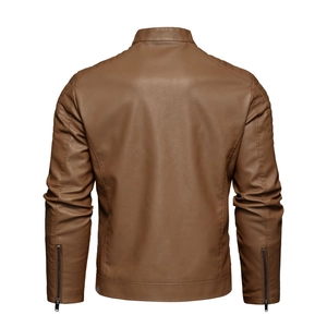 Detail view of brown faux leather jacket featuring stand collar and back shoulder stitching