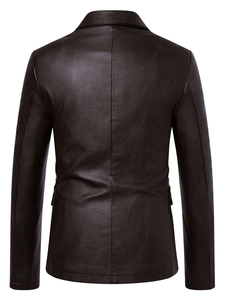 Rear view of a men's slim fit dark brown PU leather blazer jacket on a white background