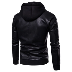 Rear view of detachable hooded faux leather biker jacket with ribbed cuffs and hem