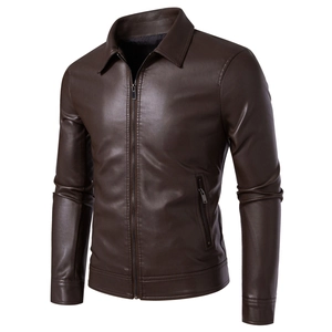 Detail of a brown PU leather jacket showing the lapel collar and metal zipper pocket