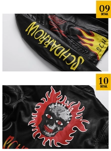Detailed view of back print with skull flame and SCHDARROW text on black PU leather jacket