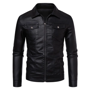 Detail of slim-fit men's faux leather biker jacket with chest pockets and silver studs