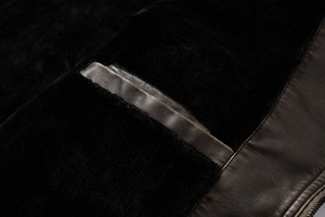 Macro shot of faux fur lining and premium leather pocket detail on men's winter jacket