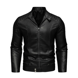 Detail of black motorcycle jacket showing standing collar and ribbed shoulder texture